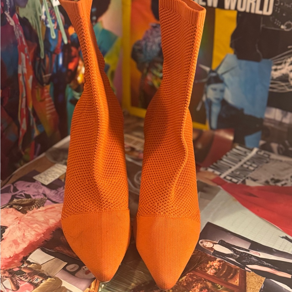 Orange Heeled Boots with Pointed Toe and Stretchy Fabric